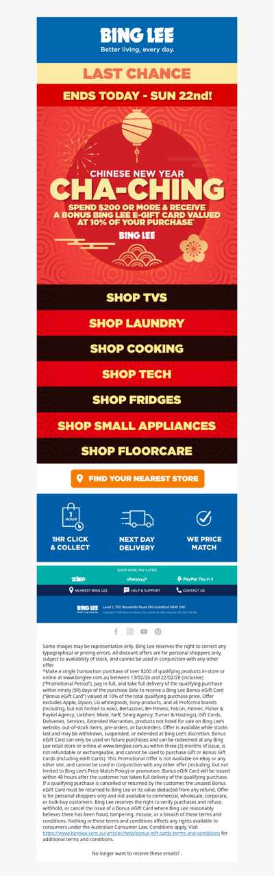 📢LAST CHANCE TO RECIEVE A BONUS BING LEE E-GIFT CARD*!