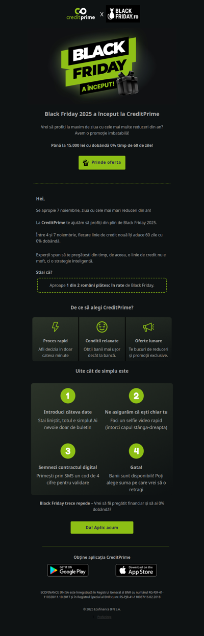 😲 60 zile cu 0% dobanda. Black Friday a inceput la CreditPrime!