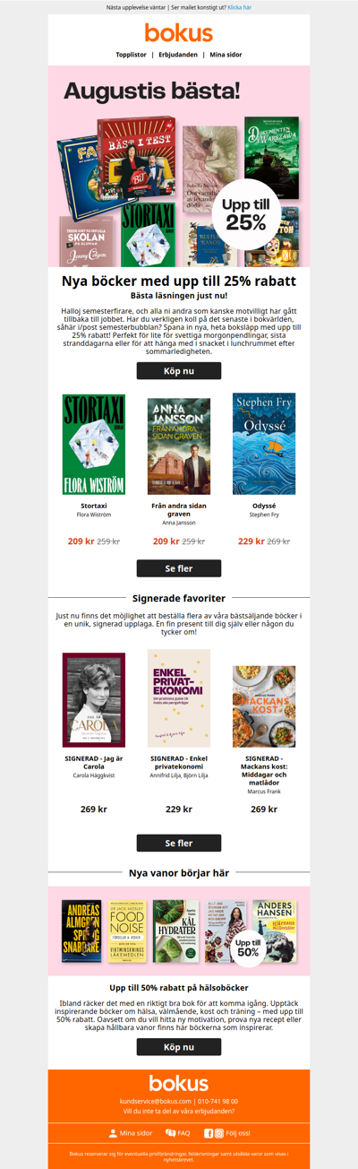 Upp till 25% på nya romaner, deckare, barnböcker och mer!