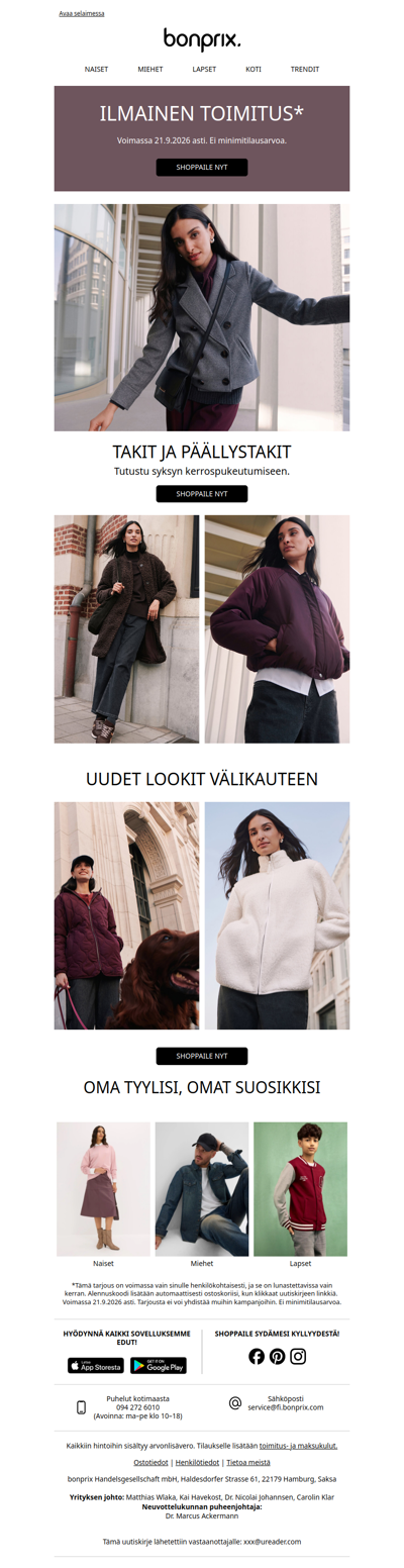 10 % alennus | uudet takit ja päällystakit