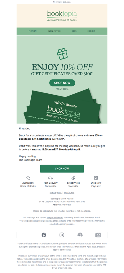 10% off Gift Certificates this Easter*