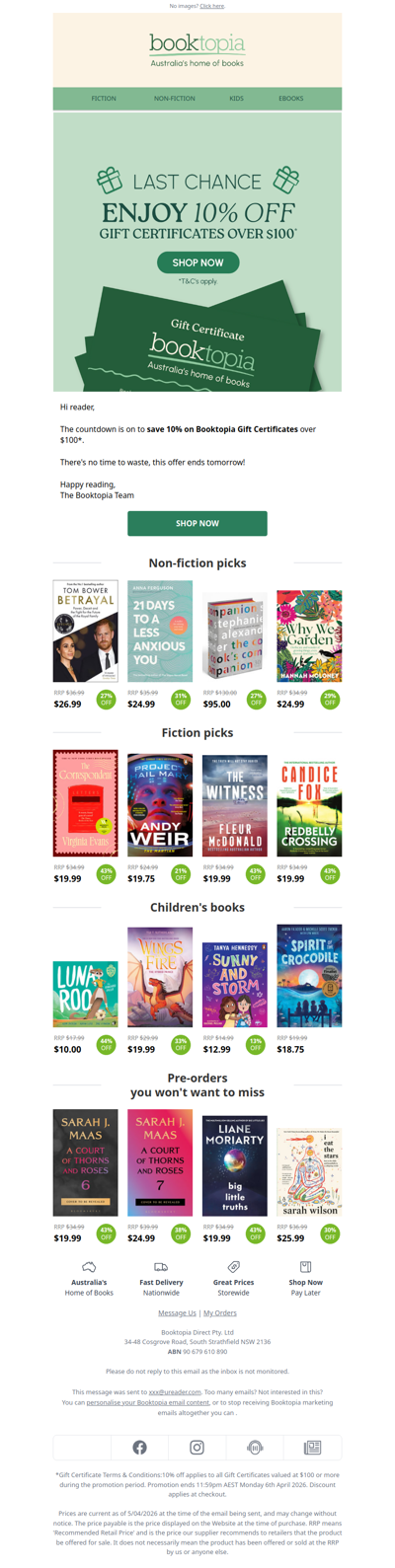 One day left for 10% off Gift Certificates!*