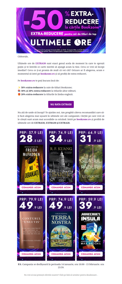 Cărțile bune nu așteaptă! Nu rata EXTRA50, pe bookzone.ro