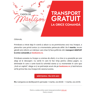 Mărțișorul nostru pentru tine: Transport GRATUIT la orice comandă