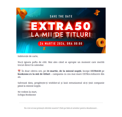Salvează data: în curând EXTRA50 pe bookzone.ro! 📅