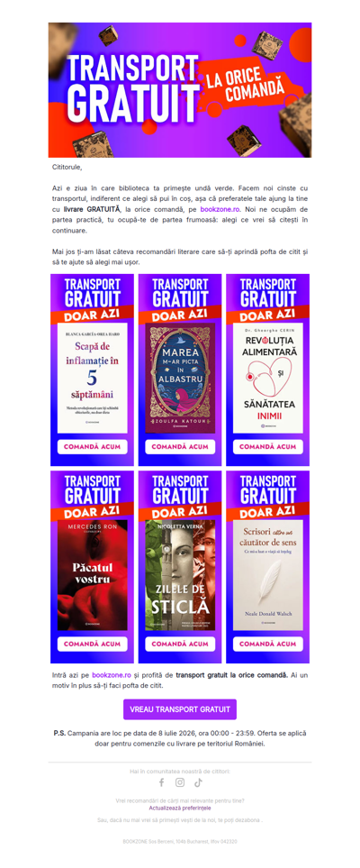 Doar azi ai transport gratuit, pe bookzone.ro. Tu ce alegi să pui în coș? 📚