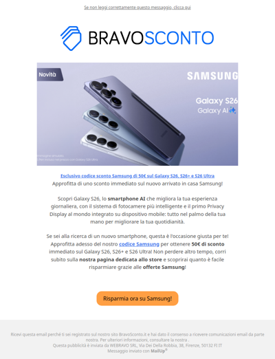 Codice Sconto Samsung di 50€ su Galaxy S26, S26+ e S26 Ultra 📱