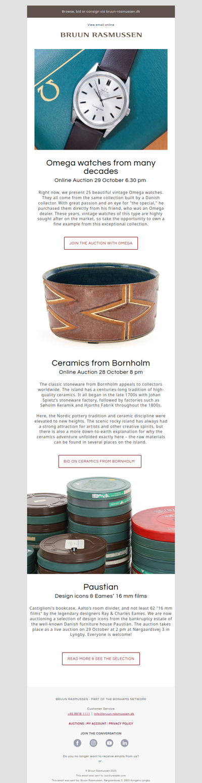 Vintage watches from Omega / Bornholm ceramics / Eames' 16 mm films from Paustian