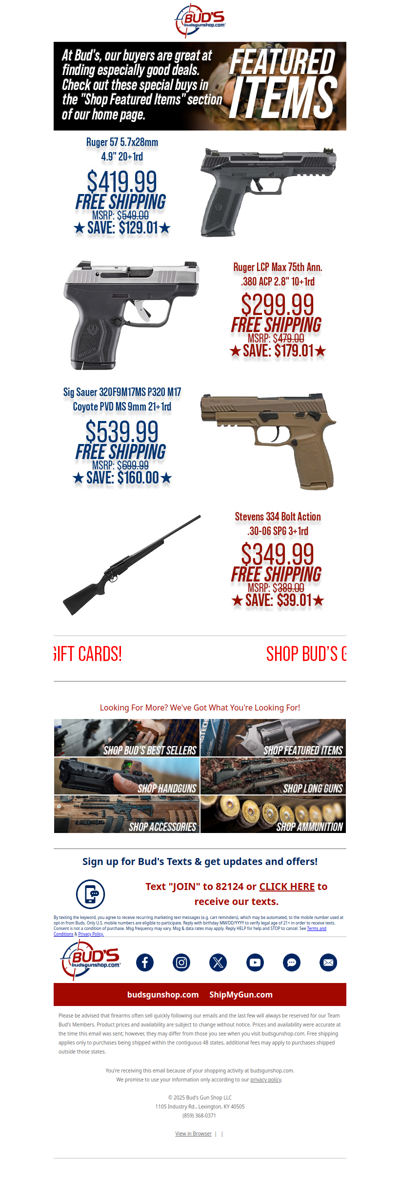 ❗Featured Savings on Ruger 57 and LCP, SIG P320 and More...❗