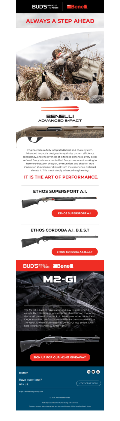 Built by Benelli. Featured at Bud’s.