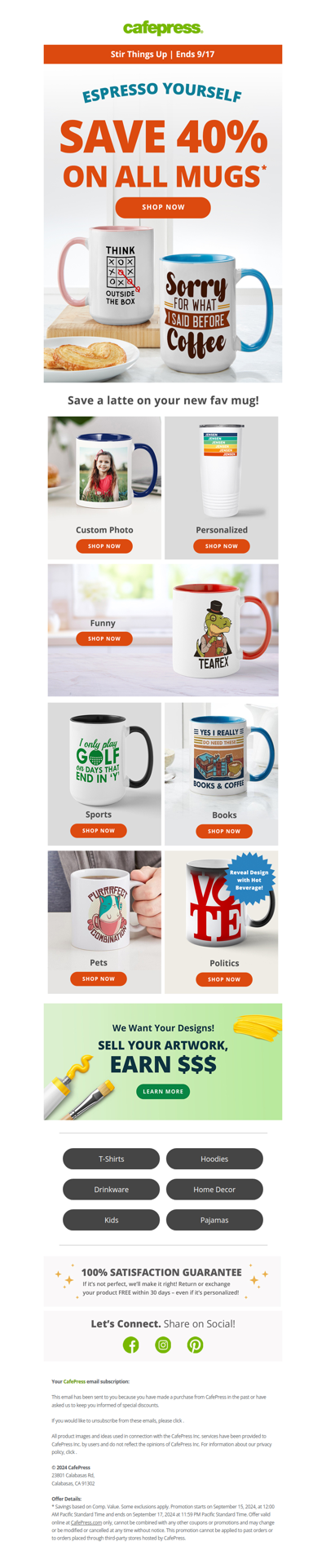 Save 40% on Mugs! Warm Up Your Mornings.