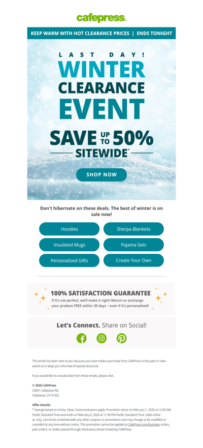 Last Day! Save 50% at Our Winter Clearance Event.