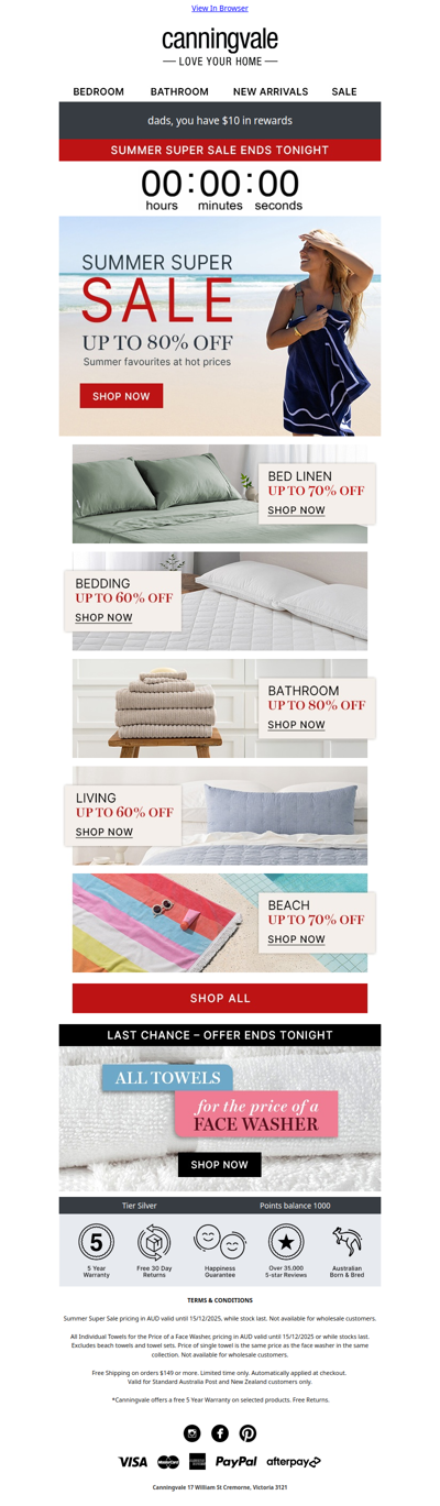 Ends tonight: all towels for the price of a face washer