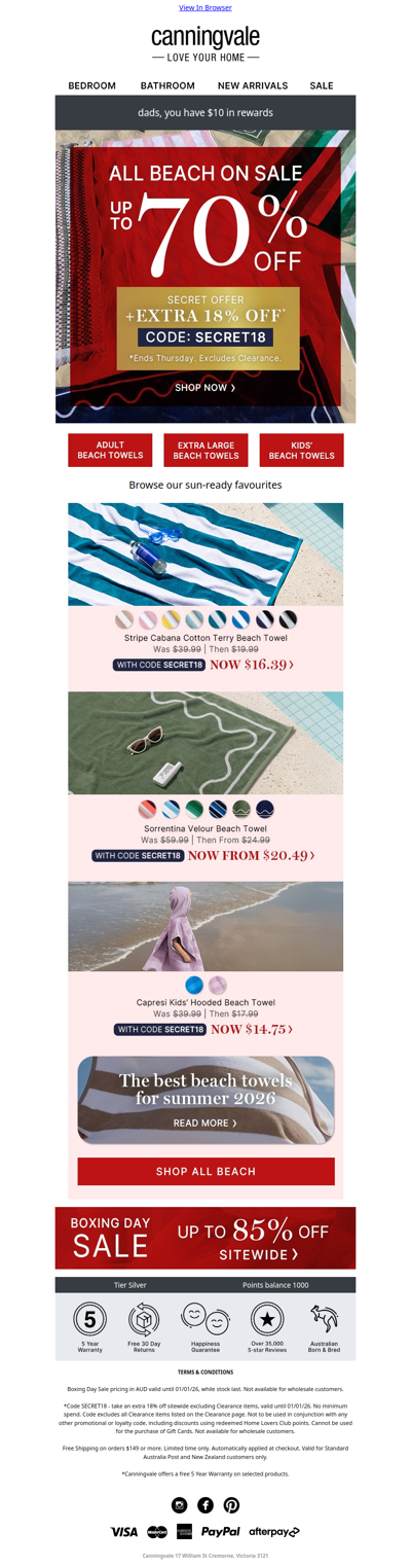 All beach towels up to 70% off + add on code for an extra 18% off