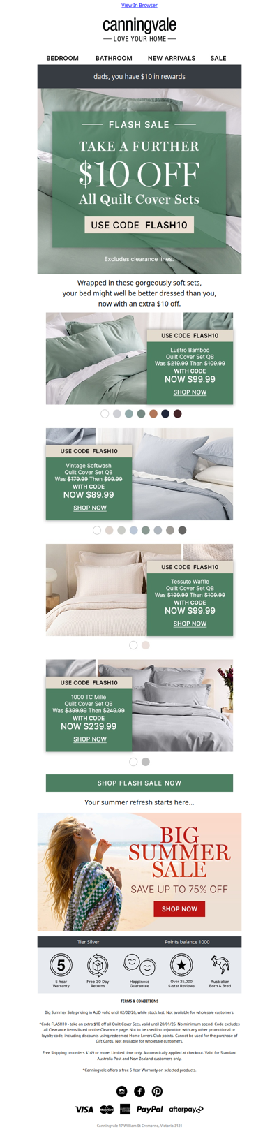 Take a further $10 off all quilt cover sets with code