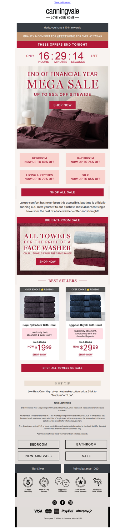 Ends tonight: All Towels for the Price of a Face Washer