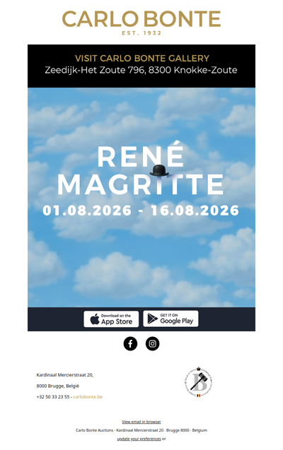 René Magritte x Carlo Bonte Gallery, 1 to 16 August. Visit us in Het Zoute.