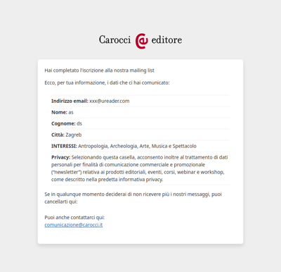 Newsletter Carocci: Iscrizione confermata
