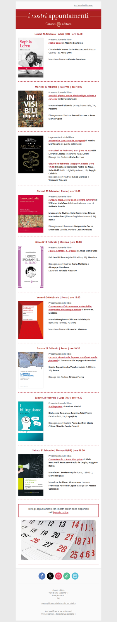 I nostri appuntamenti | Dal 16 al 21 febbraio