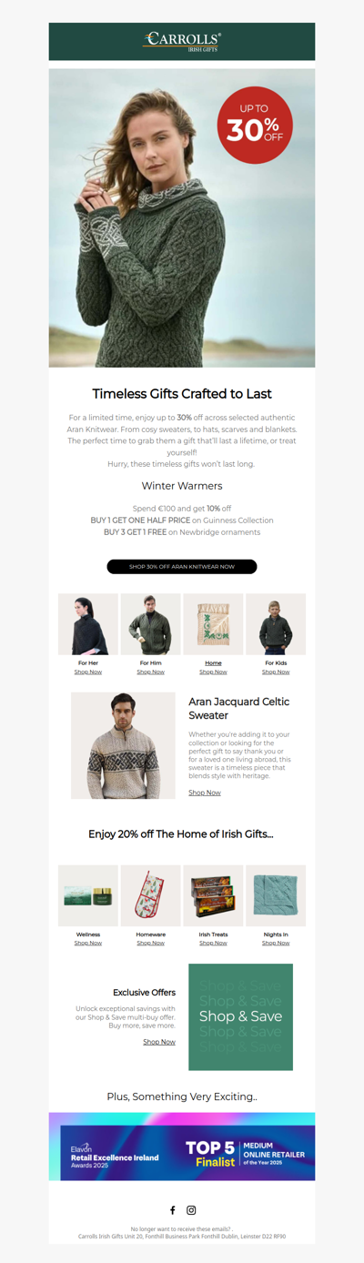 Warmth. Craft. Irish Heritage. Now Up to 30% Off