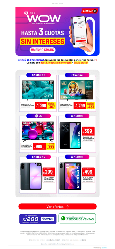 🎉 ¡Cyber WOW: 3 cuotas sin intereses y envío gratis!