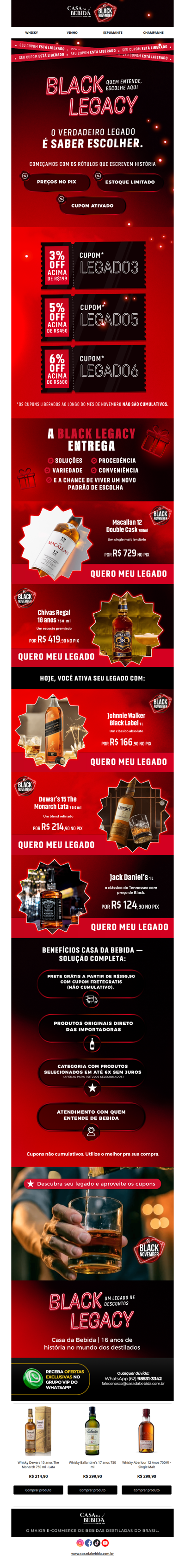 🥃✨ Aproveite os descontos Black Legacy na Casa da Bebida, válido SÓ HOJE! Até 6% OFF com cupons exclusivos.