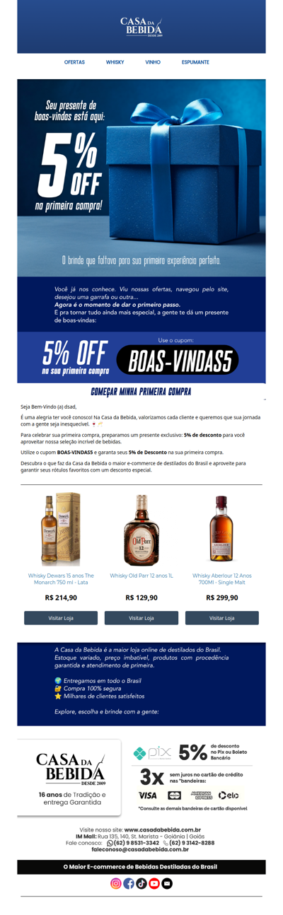 🍷🥂 Bem-vindo(a)! 5% de desconto para celebrar sua primeira compra na Casa da Bebida 🥂🍷