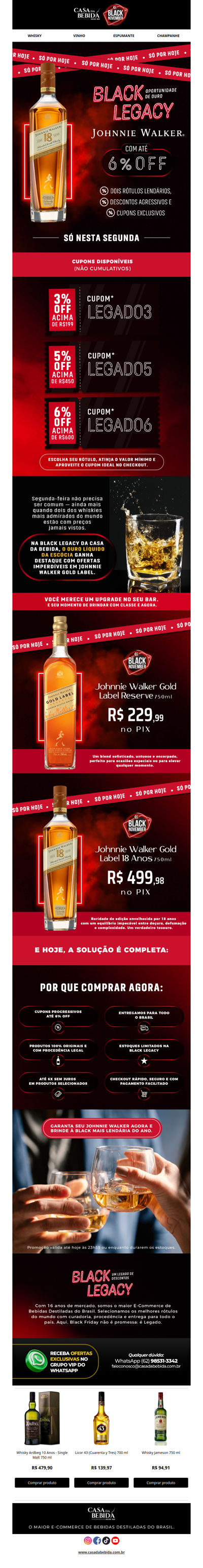 🥃✨ Brinde à Segundona com Desconto Imperdível nos Icônicos Johnnie Walker Gold Label. Só na Black Legacy Casa da Bebida!