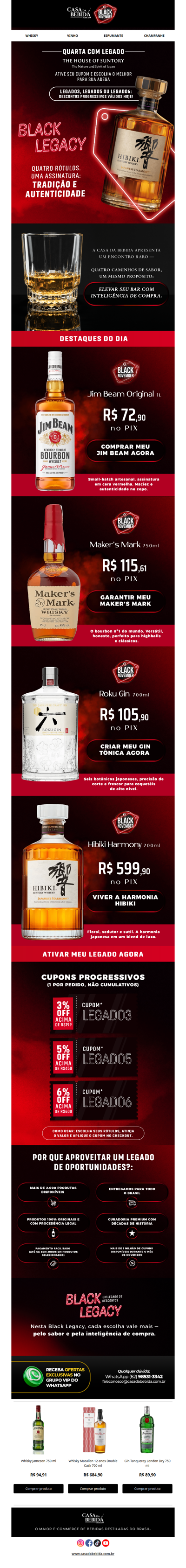 🍾✨ Aproveite a Black Legacy com Cupons Progressivos e Descontos Exclusivos com Hibiki, Jim Beam, Makers e muito mais!