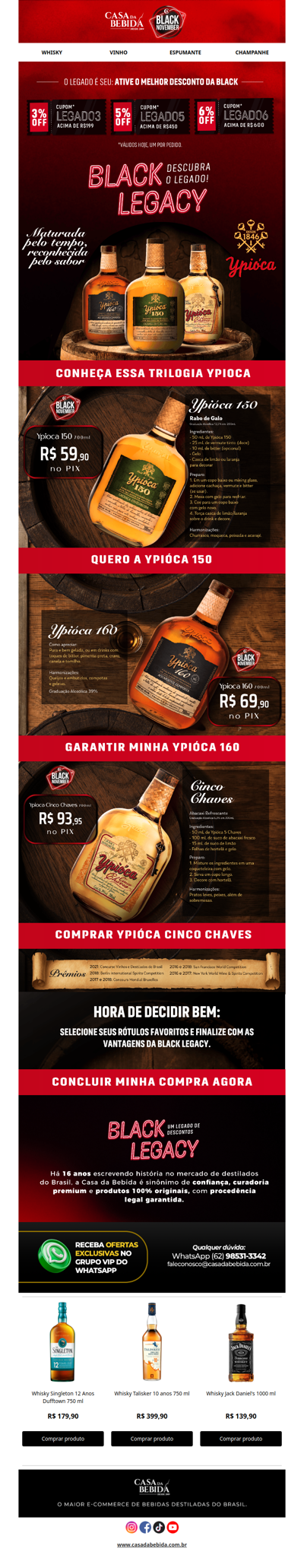 🍾✨Adicione Ypioca, a Cachaça mais Lendária e Premiada no seu carrinho + Cupom LEGADO e garanta até 6% OFF!!!