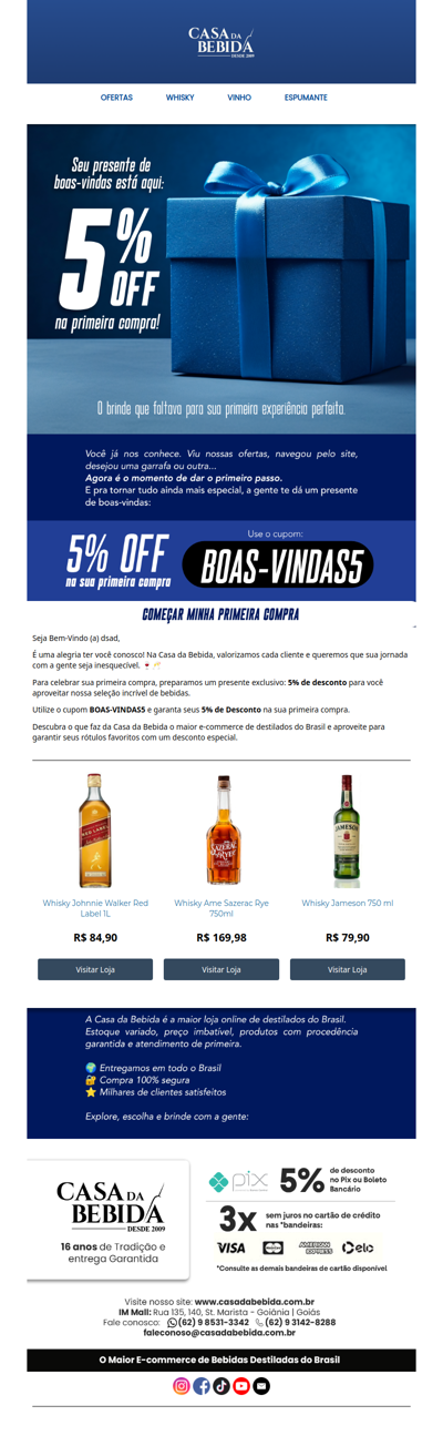 🍷🥂 Bem-vindo(a)! 5% de desconto para celebrar sua primeira compra na Casa da Bebida 🥂🍷