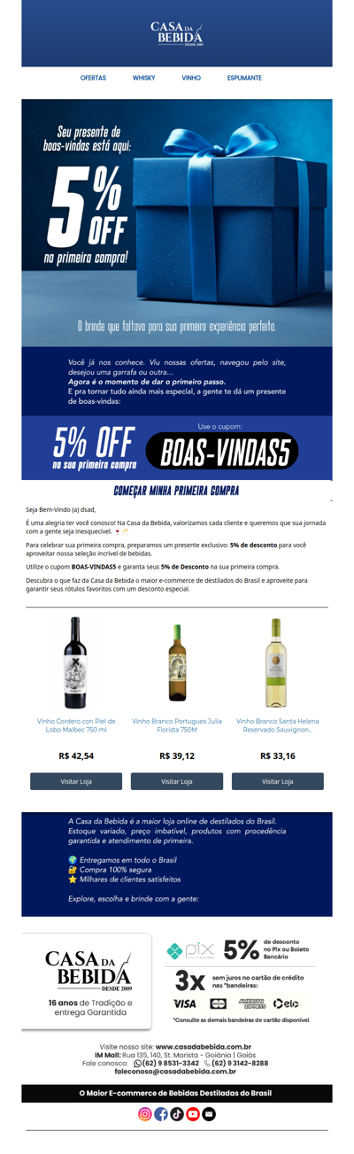 🍷🥂 Bem-vindo(a)! 5% de desconto para celebrar sua primeira compra na Casa da Bebida 🥂🍷