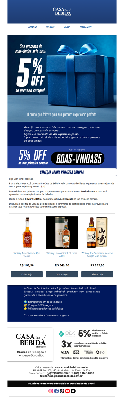 🍷🥂 Bem-vindo(a)! 5% de desconto para celebrar sua primeira compra na Casa da Bebida 🥂🍷