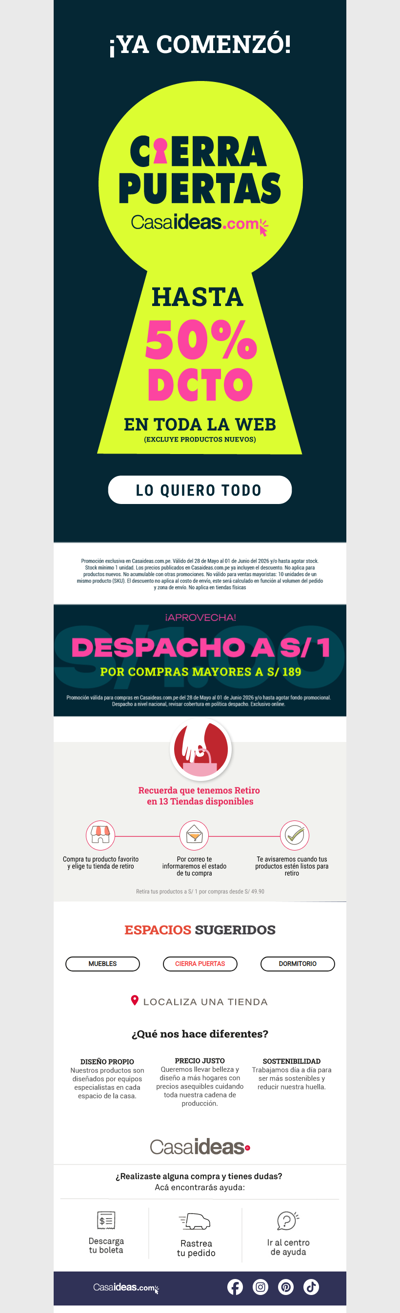 ⏰ Ya comenzó el Cierrapuertas: Hasta 50% OFF en Casaideas.com-🚨Exclusivo online ¡Solo por tiempo limitado!