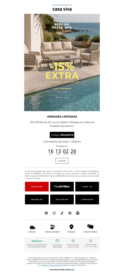 -15% EXTRA en Muebles de exterior ¡Por poco tiempo!