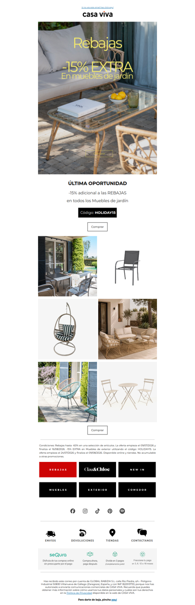 Última oportunidad | -15% EXTRA en muebles de jardín