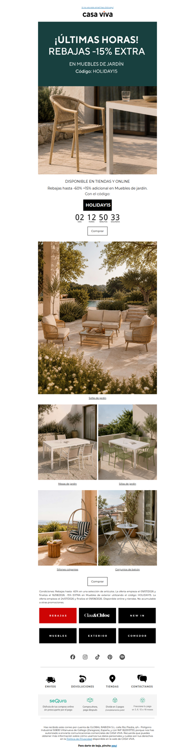 ¡ÚLTIMAS HORAS! Rebajas +15% EXTRA en muebles de jardín