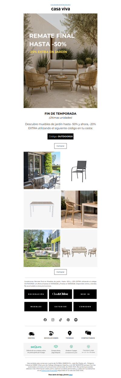 REMATE FINAL | -20% EXTRA en Muebles de jardín