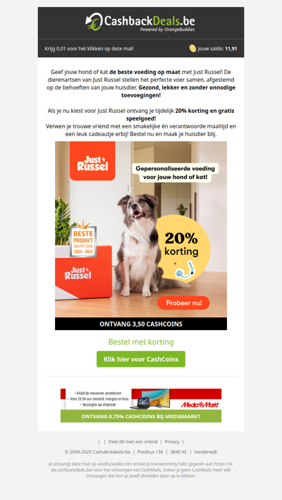 20% korting op voeding op maat voor je hond of kat