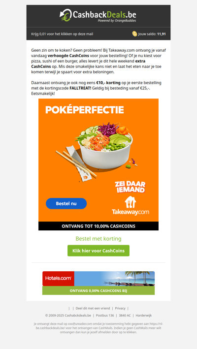 ACTIE! Verhoogde CashCoins + €10,- korting bij Takeaway.com!