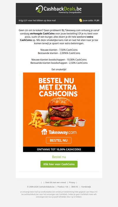 ACTIE! Verhoogde CashCoins bij Takeaway.com!