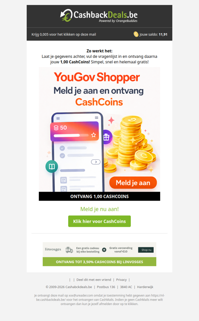 Meld je aan en ontvang 1,00 CashCoin!