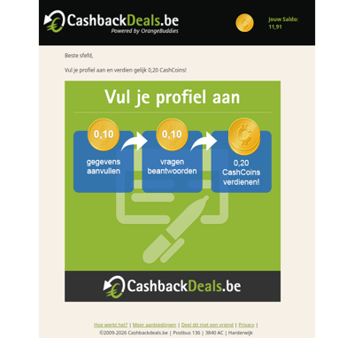 Vul je profiel aan en ontvang 0,20 CashCoins!