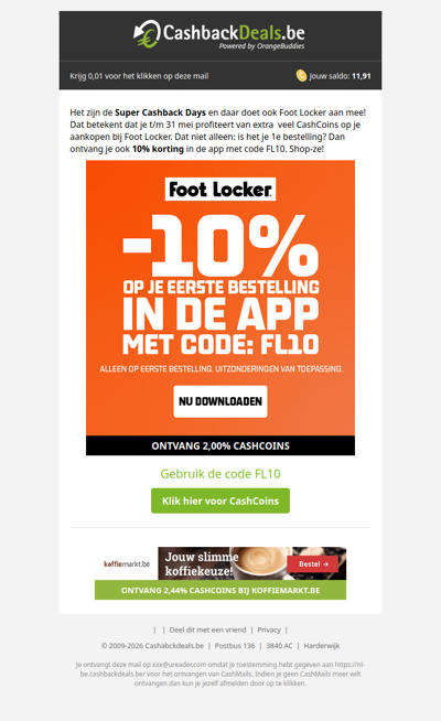 10% korting + extra CashCoins bij Foot Locker!