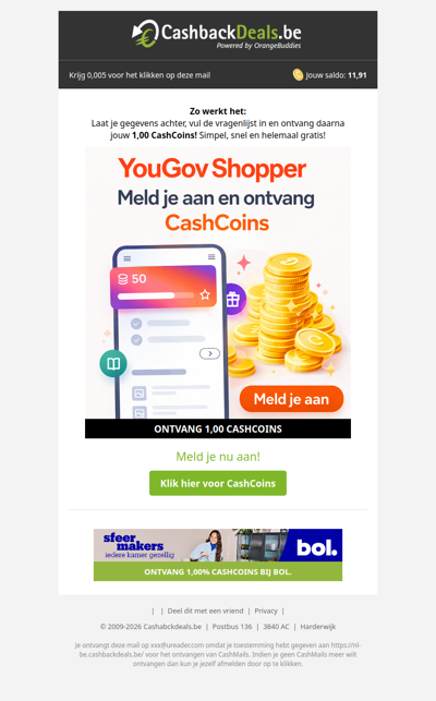 Meld je aan en ontvang 1,00 CashCoin!