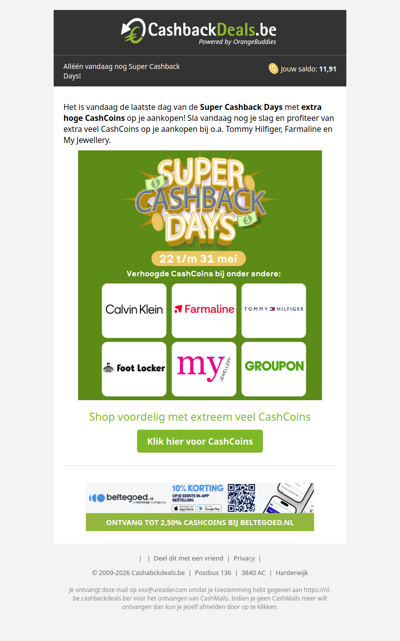 Vandaag is de LAATSTE DAG van de Cashback Days!