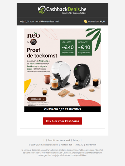 Geniet van jouw favoriete koffie met €40 korting én 5 gratis dozen NEO cups.