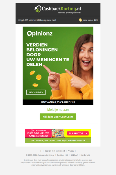 0,25 CashCoins voor je aanmelding