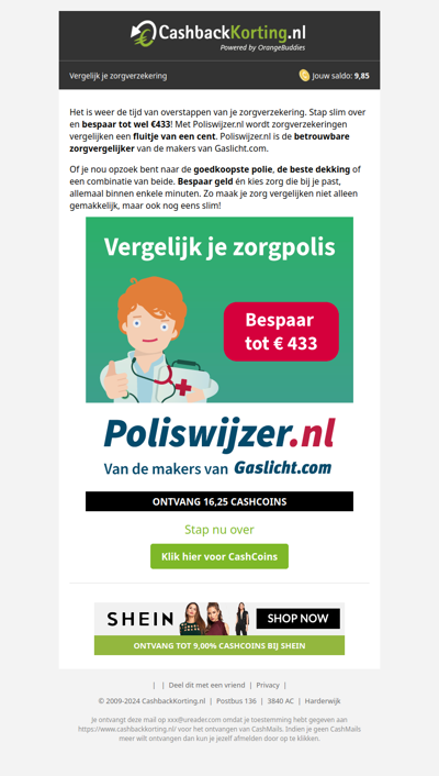 Vergelijk je zorgpolis + 16,25 CashCoins