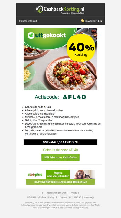 40% korting op maaltijden bij Uitgekookt